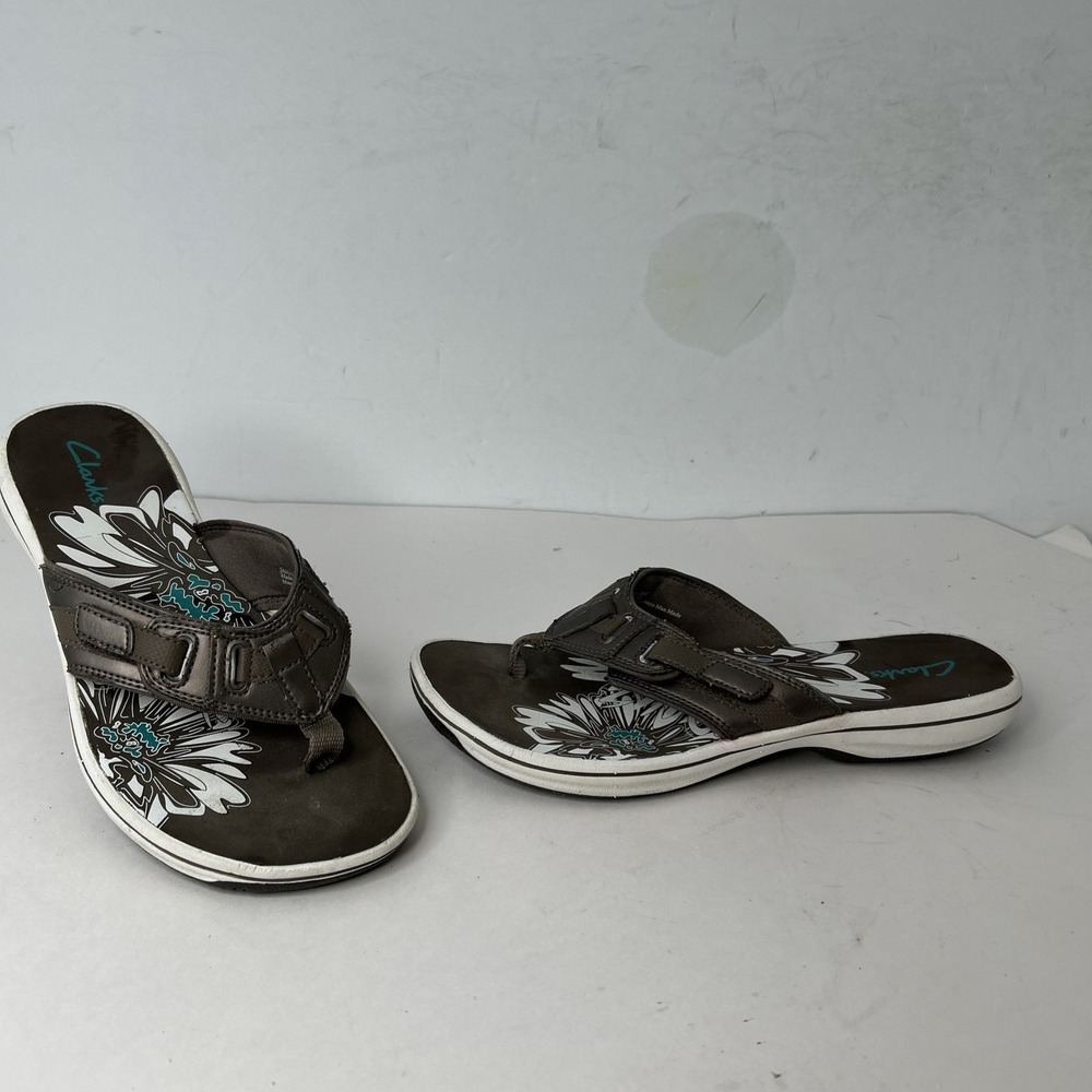 Clarks Brown Strap white Flower Flip Flop thong Sandals Shoes Women 8 M